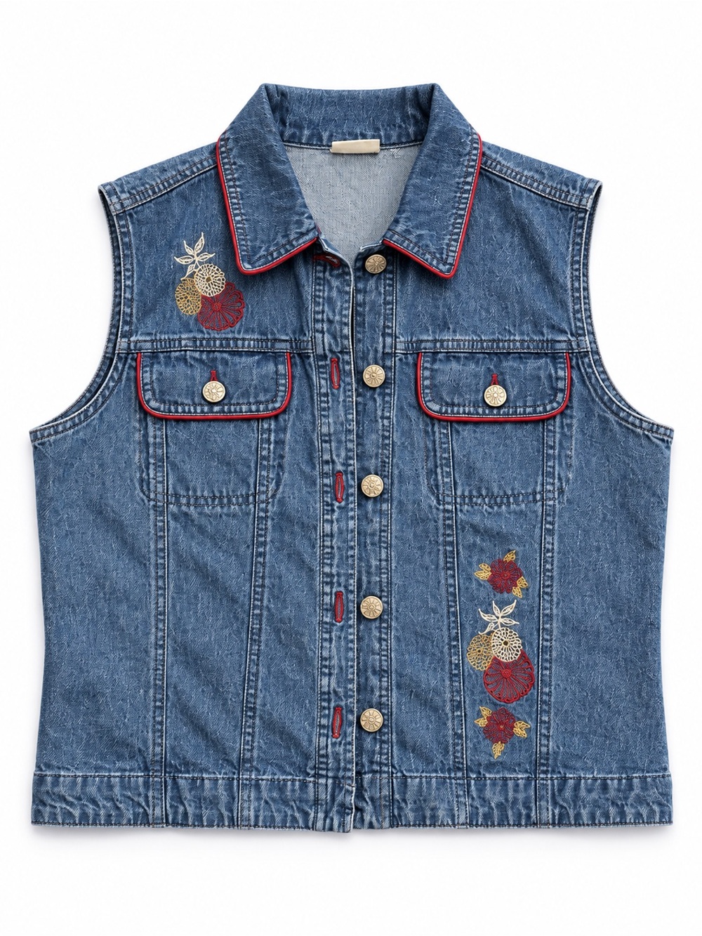 Vintage Floral Embroidered Denim Vest Red Piping Button Front